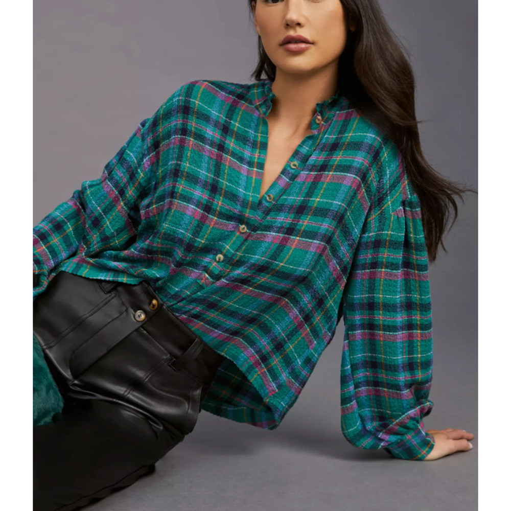 Anthropologie Pilcro Cropped Puff-Sleeve Soft Crinkle Green Plaid Blouse Small - Picture 2 of 8